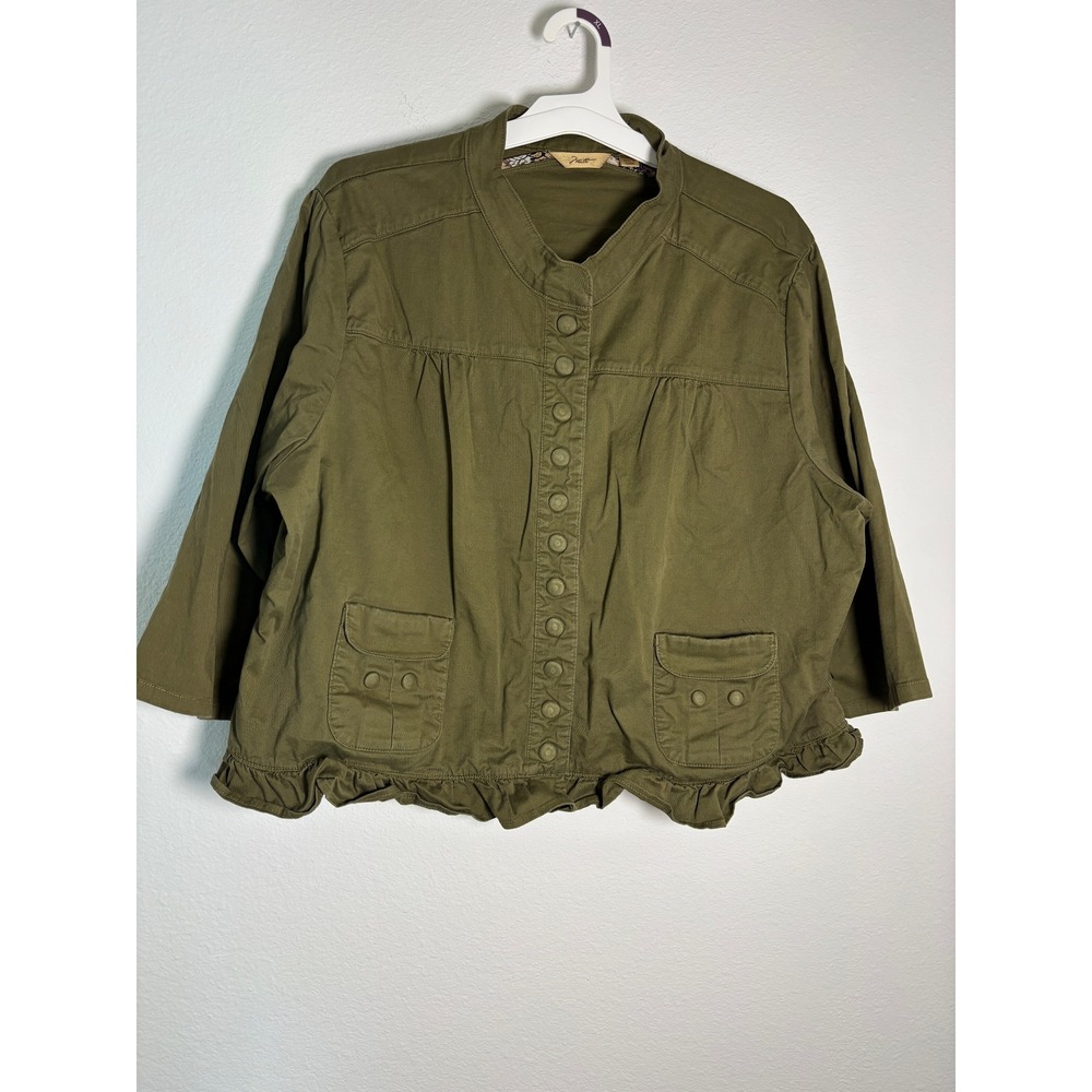 Motto Womens 3X Olive Green Ruffle Hem Button Front Utility Jacket 3/4 Sleeve